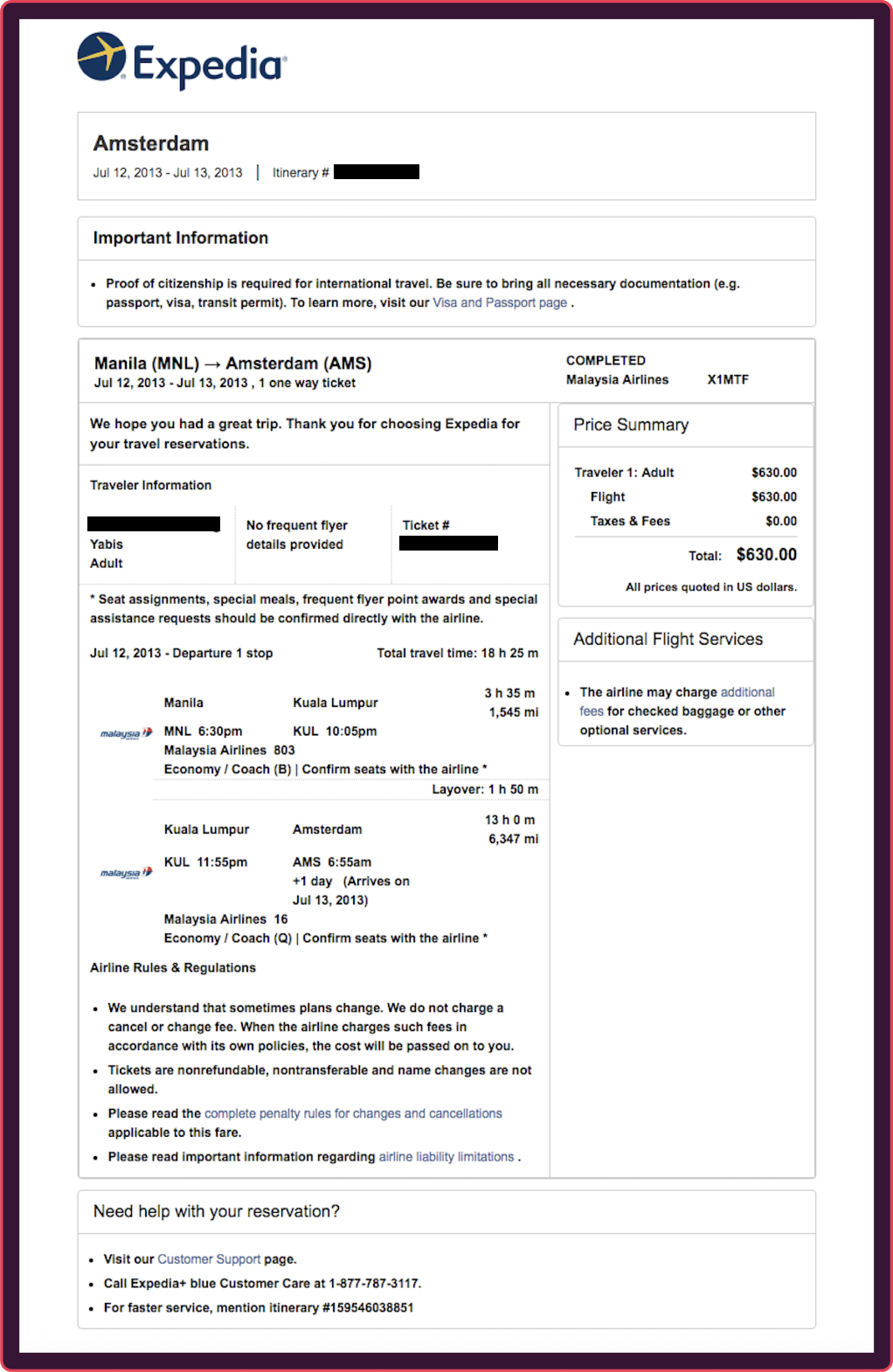 Fake travel itinerary example
