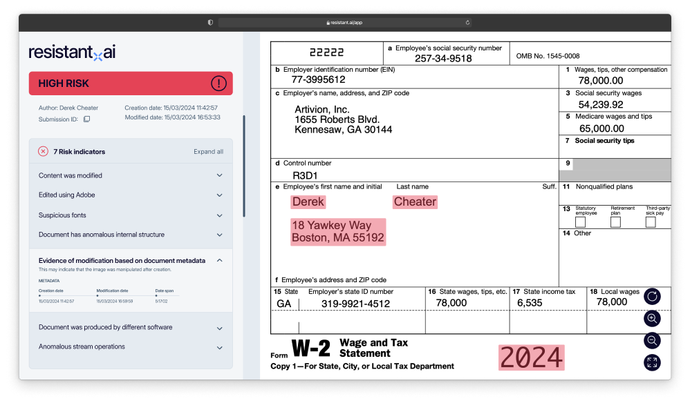 Resistant AI document fraud detection - fraud software UI