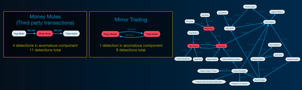 Two notable typologies—money muling and mirror trading—were discovered and separated from a single cluster of less suspicious transactions.