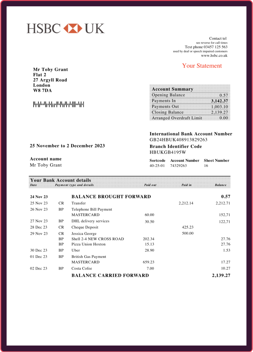 fake bank statement example
