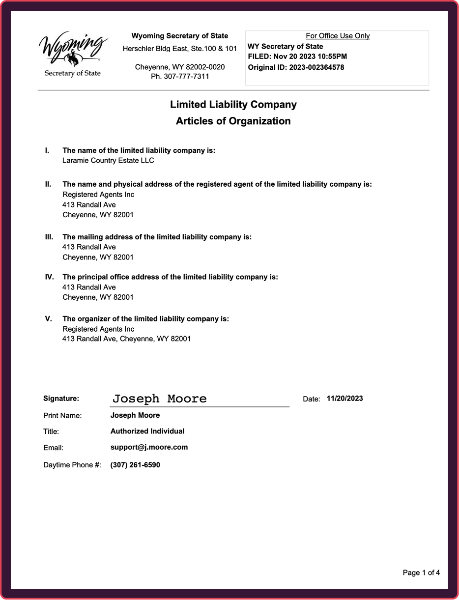 fake articles of organization example