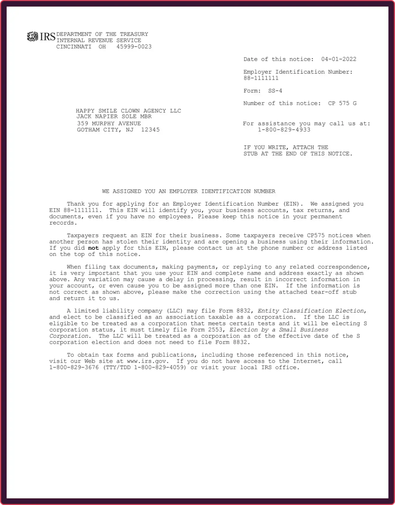 ein letter example