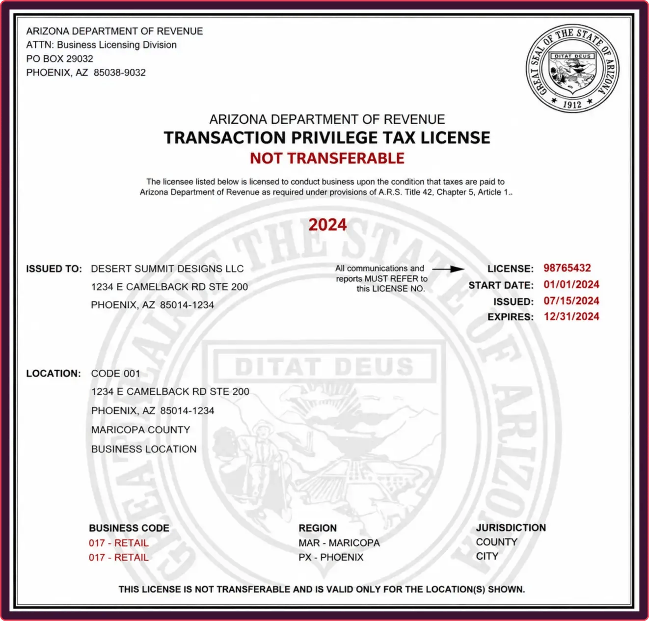 fake arizona business license example