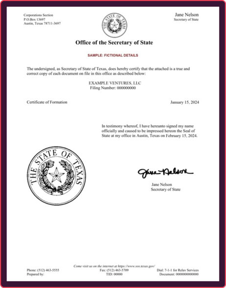 fake Texas business license example