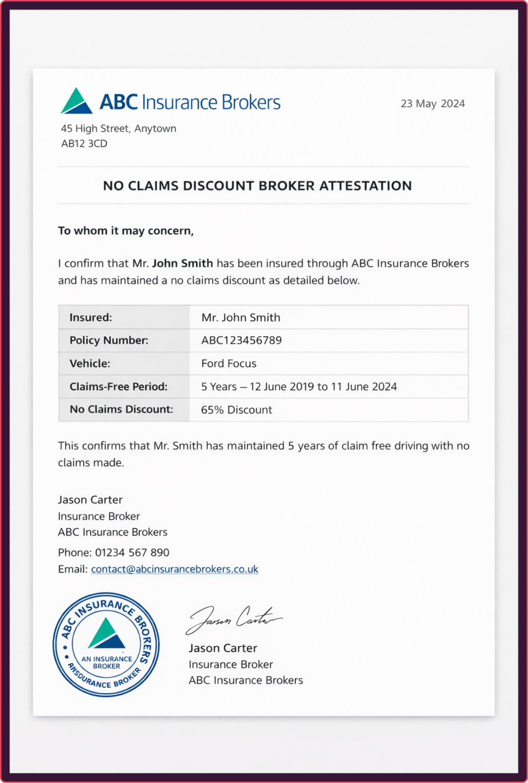 fake broker attestation letter example